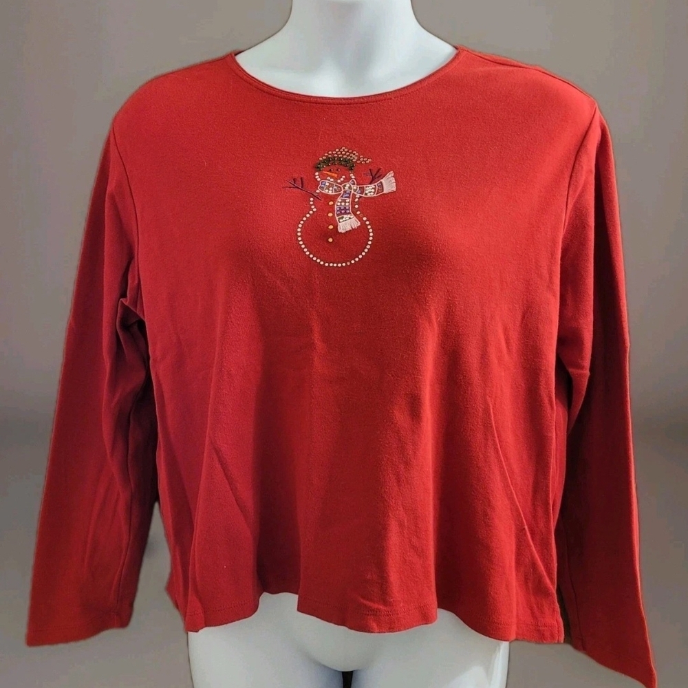 Classic Elements Shirt Womens XL PETITE Red Long Sleeve TOP SNOWMAN HOLIDAYS
